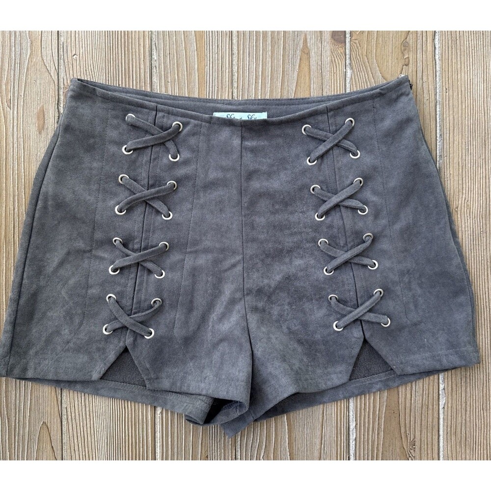Women’s She + Sky Faux Suede Gray Lace Up Dress Shorts - Medium